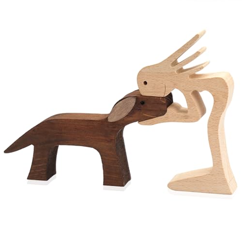 TESSTSY Holzfiguren Skulptur Ornamente Set, Holzschnitzerei von Hunden und Menschen, Abstrakte Stil Menschen mit Hund Statue, Holzschnitzerei für Hunde für Zuhause, Büro, Schlafzimmer (Frau und Hund)