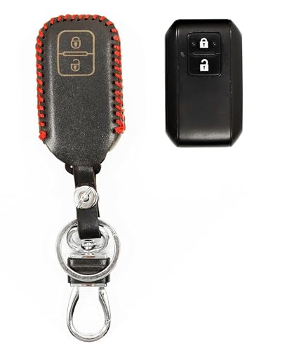 Image of Leather Smart Car Key Cover Case with Metal Hook Keychain for Maruti Suzuki Swift,Baleno,XL6,New Dzire,New Ertiga,New Brezza 2022,Grand Vitara (Black)