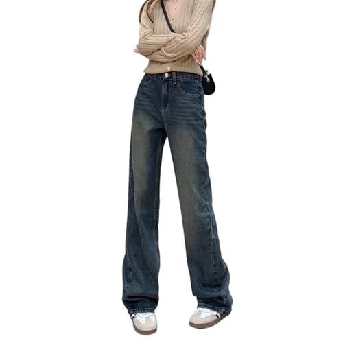 Jean rétro délavé pour femme pantalon large et droit taille haute