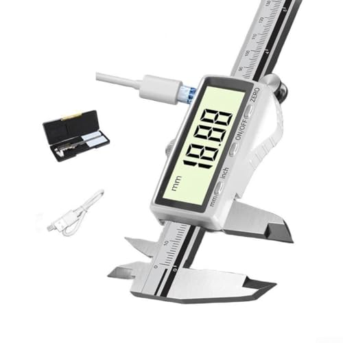Calibrador digital de acero inoxidable con puerto USB-C de recarga y precision de 0.01 mm