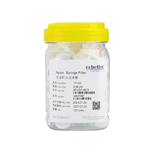 Image of Pack of 100 Nylon Syringe Filter 0.45μm Pore Size 13mm Diameter Hydrophilic Lab Filters Non-sterile, (Nylon, 0.45um 13mm, White)