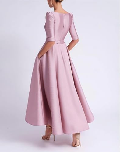 Women's Tea Length Mother of The Bride Dresses with Sleeves Satin V Neck Formal Evening Gown with Pockets2