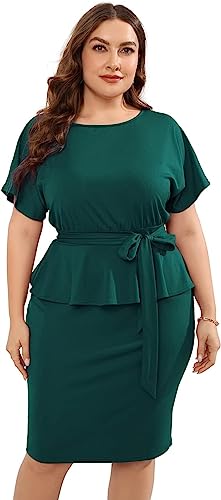 KOJOOIN Women Plus Size Bodycon Elegant Midi Dress Peplum Business Work Office Sheath Pencil Cocktail Party Dress with Belt White 2XL