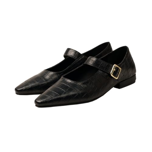 Image of Theater Women Foxes Croc-Texture Mary Jane Flats | Pointed-Toe Ballerinas with Adjustable Strap & Low Heel | Elegant, Comfortable Footwear for Office, Travel & Smart Casual Outfits
