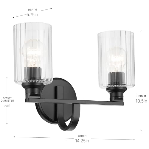 Image of Kichler Gioe 14.25 inch 2-Light Bathroom Vanity Light Fixture with Clear Fluted Glass in Black, Damp Rated for Powder Room Over Mirror (14.25 inch W x 10.5 inch H), 55225BKFLU
