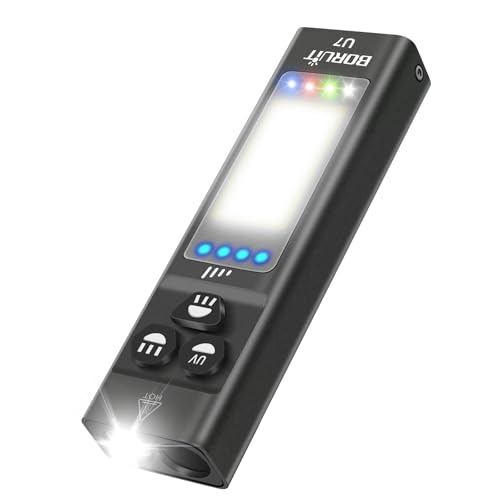 BORUIT U7 Linternas LED Alta Potencia, 1100 Lumen Linterna con 365nm UV, Mini RGB Recargable Lanterna (con Clip, Imán) - IP65 Impermeable COB Flashlight Para Camping Emergencia