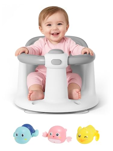 Baby Bath Seat for Babies 6 Months & Up - Bathtub Seats for Babies with 3 Baby Bath Toys, Non-Slip, Comfortable, Infant Bath Essentials-Grey