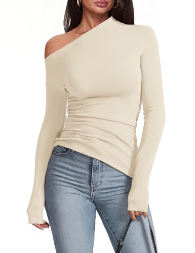 Meetrendi Women's Sexy Off Shoulder Tops Long Sleeve Asymmetrical Slim Fit Fall Blouse Ruched Tight Shirts Beige M