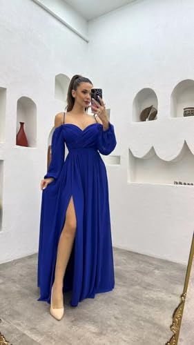 YUAOHUANG Women's Off The Shoulder Long Sleeve Chiffon Bridesmaid Dresses Long Slit Spaghetti Strap Formal Party Dress3