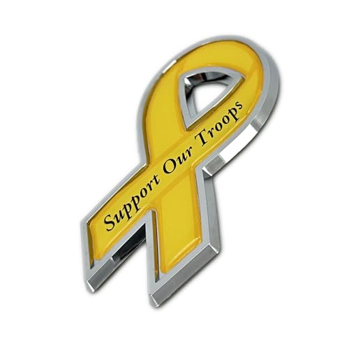 Image of Elektroplate Support Our Troops Yellow Ribbon OEM Chrome Emblem for Cars, Trucks, and All Auto | Universal Fit at 3.25 inch x 1.5 inch | Weatherproof