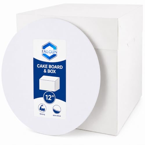 FALGUN Premium 12 Inch Tall Cake Box & White Masonite Cake Board Set | Matching Premium Round Gloss Masonite Board | Deep Cake Box | 12 x 12 x 12 for Weddings Birthdays & Celebration Cakes 4mm Thick