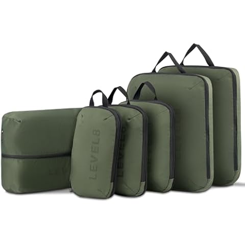LEVEL8 Compression Packing Cubes for Suitcase, 6 Set Travel Bags with Shoe Organizer, Packing Organizers Travel Accessories in 4 Sizes Travel Essentials (Extra Large, Large, Medium, Small), Green Cover
