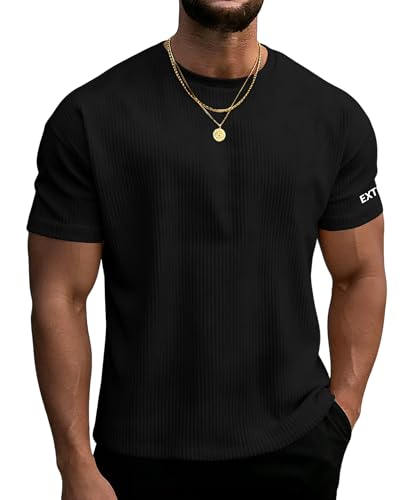 UOUA Mens Short Sleeves Sweatshirt Ribbed Texture Crew Neck Tee Tops Black XL