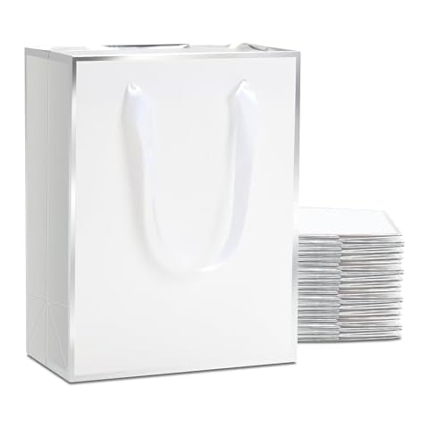 YACEYACE White Gift Bags with Handles 8 x 10 x 4, 20Pcs White Kraft Paper Gift Bags Bulk, Gift Bags for Party,Retail,Boutique,Elegant-Silver Frame Cover