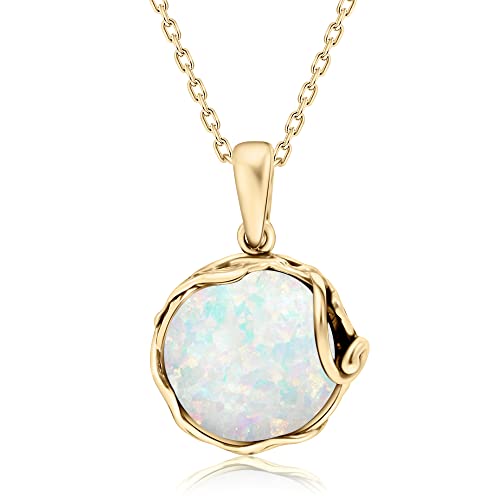 14K Gold Plated White Opal Necklace - 14mm Round Opal Pendant - 50cm Gold Plated Silver Cable Chain - October Birthstone Jewelry for Women - Elegant Gift for Women
