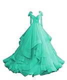 Layered Ruffles Tulle Prom Dress Spaghetti Straps Ball Gowns Bow Princess Quinceanera Dresses Turquoise Size 2