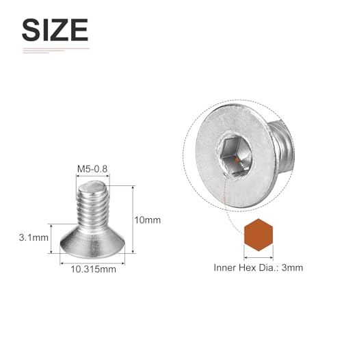 Image of DTGN M5-0.8 x 10mm Flat Head Socket Cap Screws, 100 Pack 304 Stainless Steel Hex Socket Flat Head Screws, Full Thread, Countersunk Bolts