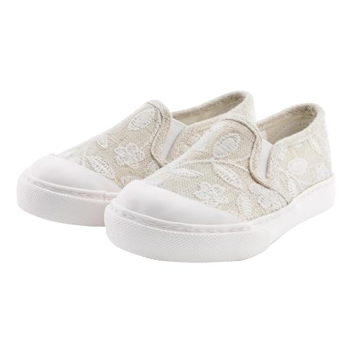 waddle wonder Loafer for Girls, Mary Jane Lace Princess Dress Shoes, Canvas Casual Slip On Sneaker, Beige Size 6-12