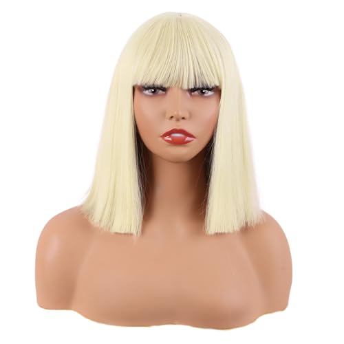 MapofBeauty 12 Pulgada/30 cm Lacio Bob Peluca Flat Flequillo Corto Colorido Sintética Cabello de Cosplay Fiesta (Oro Claro)