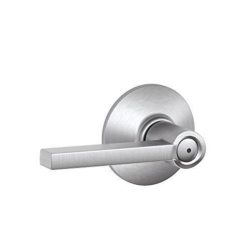 Image of SCHLAGE Latitude Bed /Bath Privacy Door Handle with Lock, Satin Chrome | Interior bedroom or bathroom door lever with push button lock, Reversible, Easy install, Certified durability, Universal fit