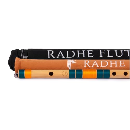 Image of Radhe Flutes Bamboo Bansuri C Sharp Right Handed Middle Octave (18 inch) With Hard Cover (Beige Flute With Dark Green & Orange Threads)