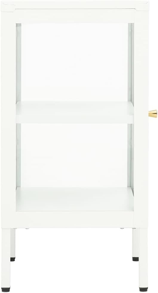 Minimalist Sideboard with Adjustable Shelves, White Powder-Coated Steel and Tempered Glass for Modern Living Room Office Storage