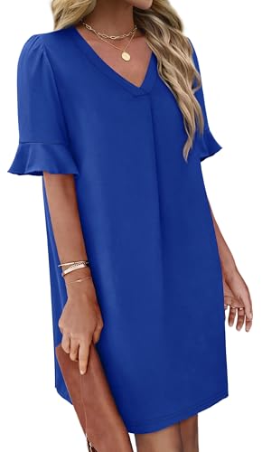 Image of OFEEFAN Summer Dresses for Women Ruffle Short Sleeve V Neck Casual Shift Dress with Pockets