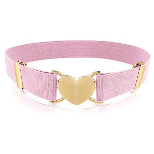 Andibro Elastische Gürtel für Mädchen, kindergürtel Verstellbarer Stretch Gürtel modischer Metall Herz Schnalle Bund für Kleider Jeans(Rosa)