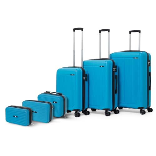 Image of Megatron 6-Piece Family Luggage Set - 3 Trolley Suitcases (20 inch /24 inch /28 inch) + 3 Vanity Cases (8 inch /10 inch /13 inch), Lightweight Unbreakable Polypropylene, 8 Spinner Wheels, Number Lock (Set of 6, Teal)