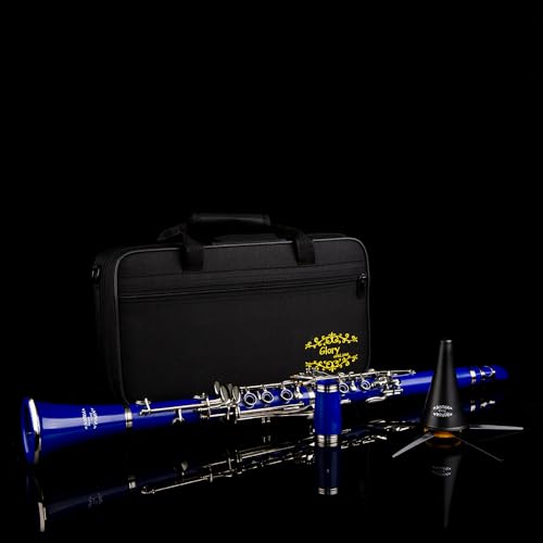 Image of Glory GLY-CLADBL Professional Ebonite Bb Clarinet with 10 Reeds, Stand, Hard Case, Cleaning Cloth, Mouthpiece Brush and Pad Brush,Dark Blue /Silver