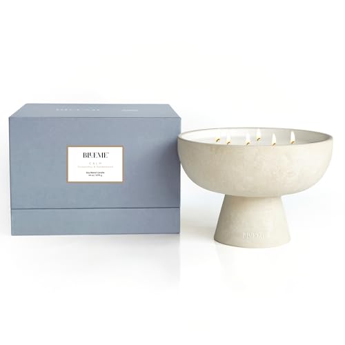 Blueme Calm Candle | Osmanthus & Sandalwood | 6 Wick - Refillable Wellness Candle with Essential Oils, Hand Finished & Poured Soy Wax Blend Ceramic Vessel, Natural Cotton Wicks | Giant 45 oz
