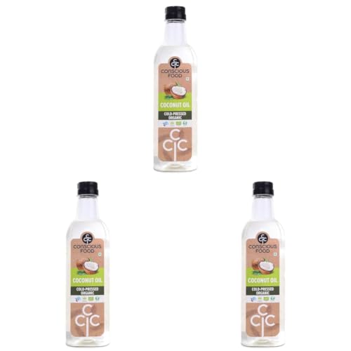 Image of Conscious Food Cold Pressed Coconut Oil, 1 L | Certified Organic | 100% Pure and Chemical Free | Good For Cooking | Boosts Heart Health Skin Care | PET bottle (Pack of 3)