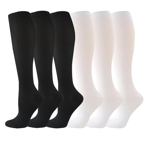 IMAGERIO 6 Pairs Compression Socks for Women and Men Circulation, 20-30 mmhg Knee High Best Support for Athletic Running, Cycling, Hiking, Medical, Nurse, Recovery -Black & White (XXL)