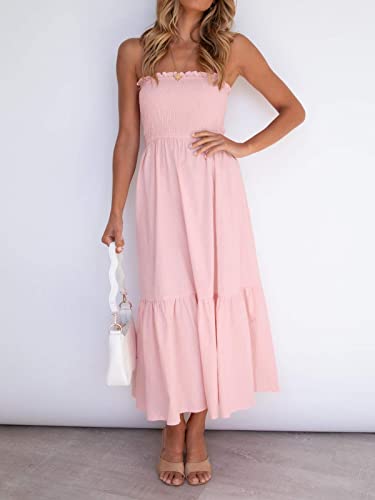 Image of ZESICA Women's Summer Boho Strapless Maxi Dress 2026 Casual Off Shoulder Smocked Flowy A Line Beach Holiday Long Dresses