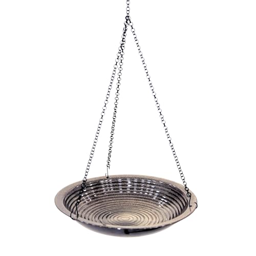 BYER OF MAINE Circles Hanging Bird Bath, Porcelain, Glaze Finish, Adjustable Chain, Sandy Granite, 14”x14”x34” adj