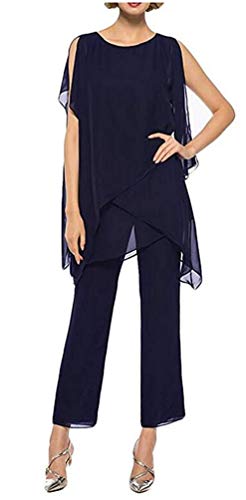 Two Pieces Sleeveless Chiffon Pants Suits for Mother of The Bride Plus Size Women's Outfit Evening Gowns Navy US12