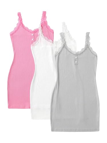 Image of SOLY HUX Women's 3 Packs Nightgowns Soft Sexy Lace Trim Sleep Dress Chemise Pajamas Sleepwear Cami Mini Slip Dresses