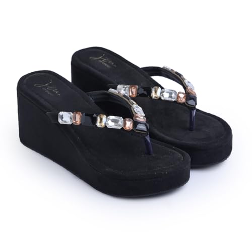 Image of JM LOOKS Women's Rhinestone Sandals High | Low Platform T-Strap Jewel Sandals High Wedge Flip Flops Sandal Summer Beach Sandal