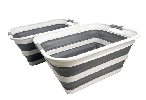 Image of SMMART Collapsible Plastic Laundry Basket with Handle /Foldable Pop Up Storage Hamper /Portable Laundry Organizer-Space Saving Washing Tub /Household Storage Supplies (Grey /Steel Grey, 42L (Set of 2))