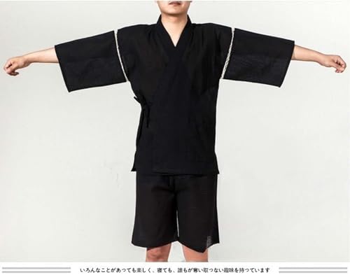 ZEALMAX Men's Kimono Japanese Shirt and Shorts Suit, Cotton Linen Loungewear Lounge Set Spa Bathrobe, Black2