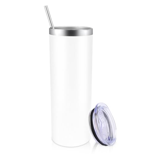 La Mejor Selección de Termo blanco los más recomendados. 46 Volhoply Vaso Delgado de 600ml con Tapa y Pajita, Vaso de Acero Inoxidable Recto, Taza de Café aislada al Vacío para Hogar, Oficina, Viajes, Manualidades (Blanco, 1)