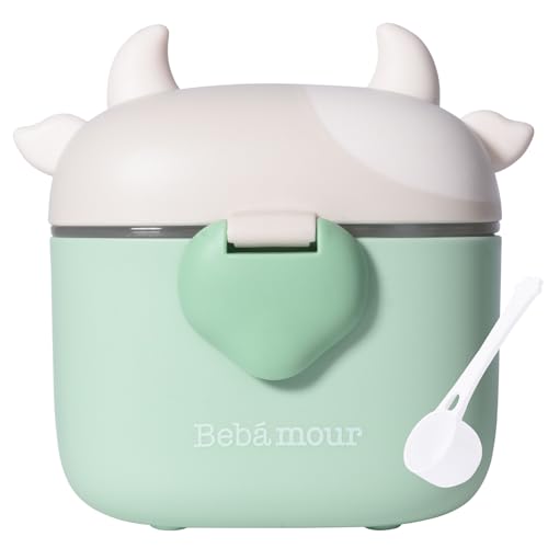 Image of Bebamour Baby Formula Dispenser On The Go, Formula Container to Go, Formula Holder for Travel, Candy Fruit Snack Storage Container with Scoop and Leveller (Light Green Cow)