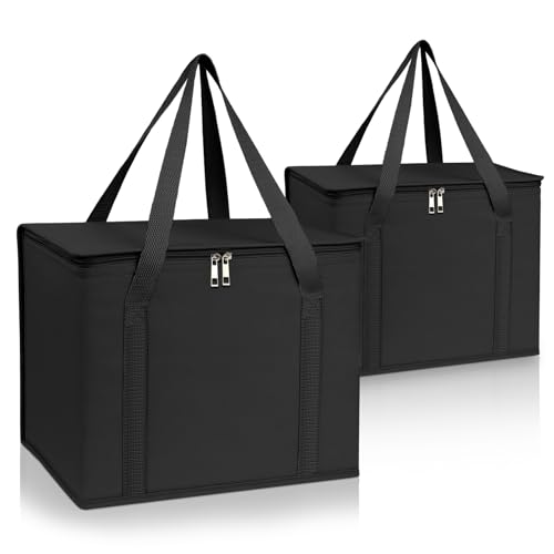 PEASUG 2 Pack Insulated Bags for Food Delivery, XL Pizza Delivery Bags, Large Capacity Cooler Bag Keep Food Warm for Grocery Shopping and Catering, Foldable, Heavy-Duty (Black)