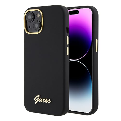 CG Mobile Guess Coque en Silicone Liquide Logo Script Metal et Cadre Photo Noir Compatible avec iPhone 15