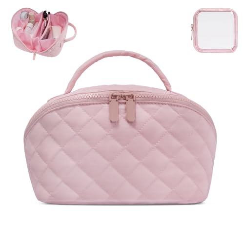 Makeup Bag,Quilted Puffer Cosmetic Bag for Women, 180° Lay-Flat Travel Make up Bag, Waterproof Large Capacity Toiletry Bag with Sturdy Zippers, Portable Makeup Organizer for Travel & Daily Use