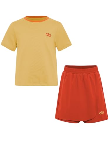 easyforever Girls Kids 2-piece Summer Sports Outfit Quick Dry Moisture Wicking For Workout Outdoor Activities Yellow 5-6 Years3