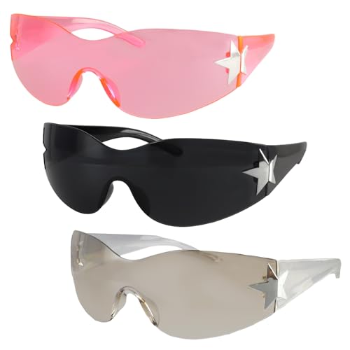 3 Pairs of Y2k Sunglasses, Y2k Glasses, 2000s Sunglasses for Women, Hd Lenses, Durable, Fashionable and Avant-Garde Style, Uv400 Protection (Pink + Black + Asymptotic White)