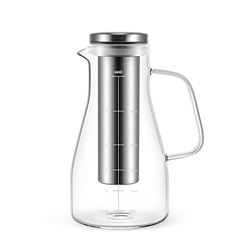 Vzaahu Glass Pitcher with infuser [1400ml, 40 Oz] Cold Coffee Brew Maker Iced Tea Brewer Pitcher Water Carafe Milk Jug with Removable Stainless Steel Mesh Filter Spout 1.25 Qt