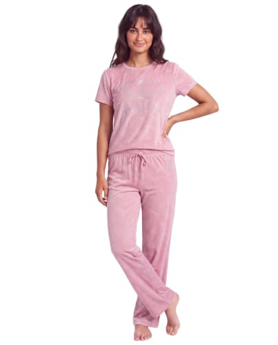 Image of Juicy Couture Women's 2 Piece Velvet Fleece Short Sleeve Shirt and Pants Lounge Sleepwear Set