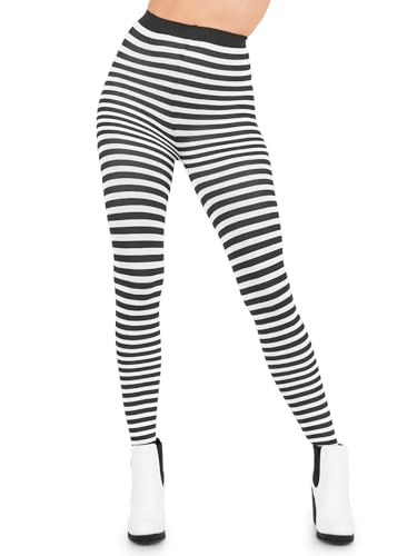 Sugar Sunday Nylon Striped Tights for Women Opaque Stripe Pantyhose Halloween Cosplay Hose - Black and White - One Size